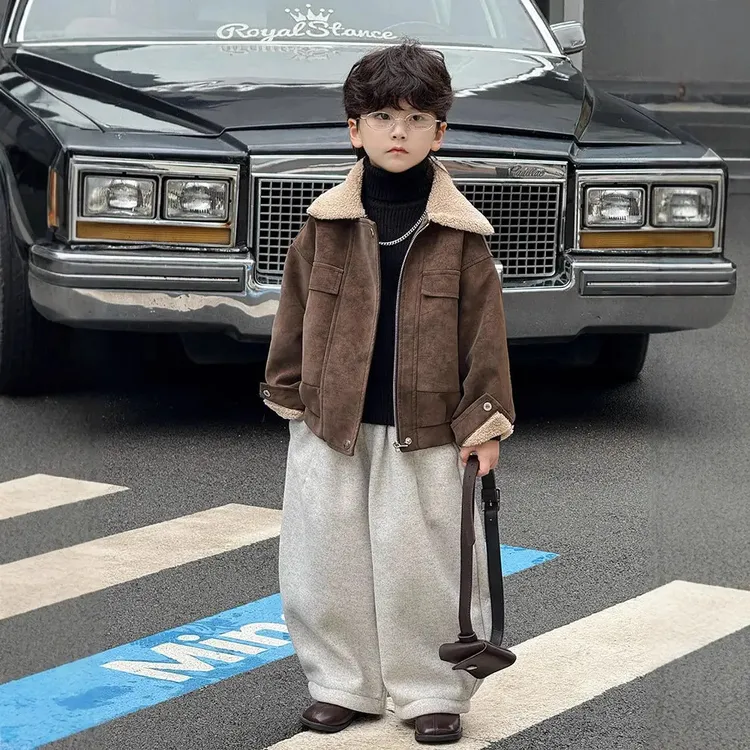 男童宝宝洋气外套毛领秋冬新款加绒儿童皮衣夹克帅气潮范