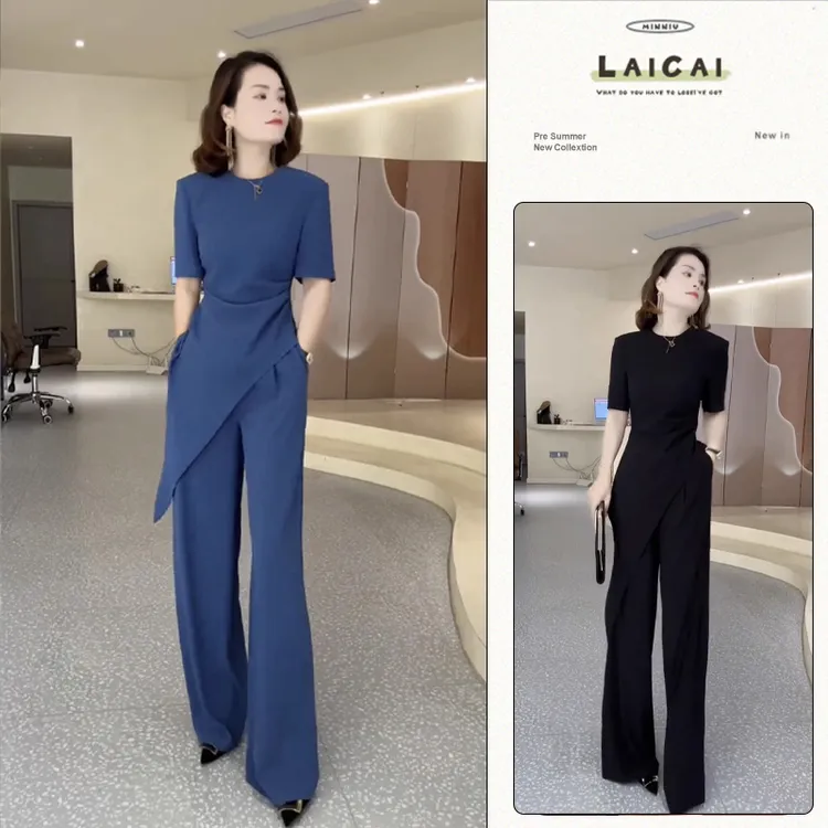 C404夏季通勤圆领不规则短袖上衣简约大方阔腿直筒裤时尚两件套女