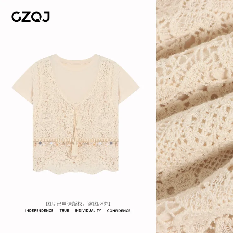 老琴私服 【纪念册】欧若风时尚蕾丝圆领短袖T恤女两件套15537