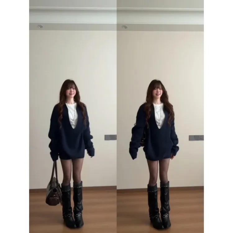 MARIE.COCO休闲风穿搭v领长袖针织毛衣女秋冬新款百搭修身短裤子