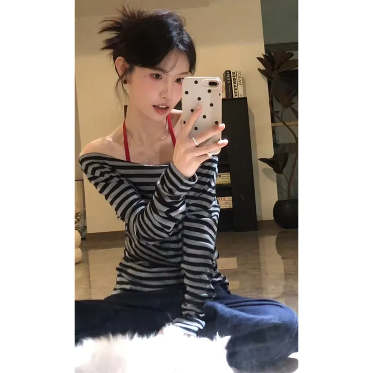 parkyeon高级设计感条纹一字肩荡领长袖T恤女宽松显瘦直筒休闲裤