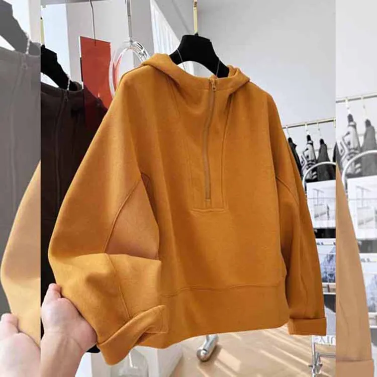 韩系宽松休闲慵懒风连帽半拉链套头卫衣女大版春秋季新品纯色长袖