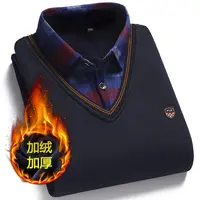 秋冬季加绒保暖男士爸爸衬衫领上衣假两件针织衫打底毛衣J002