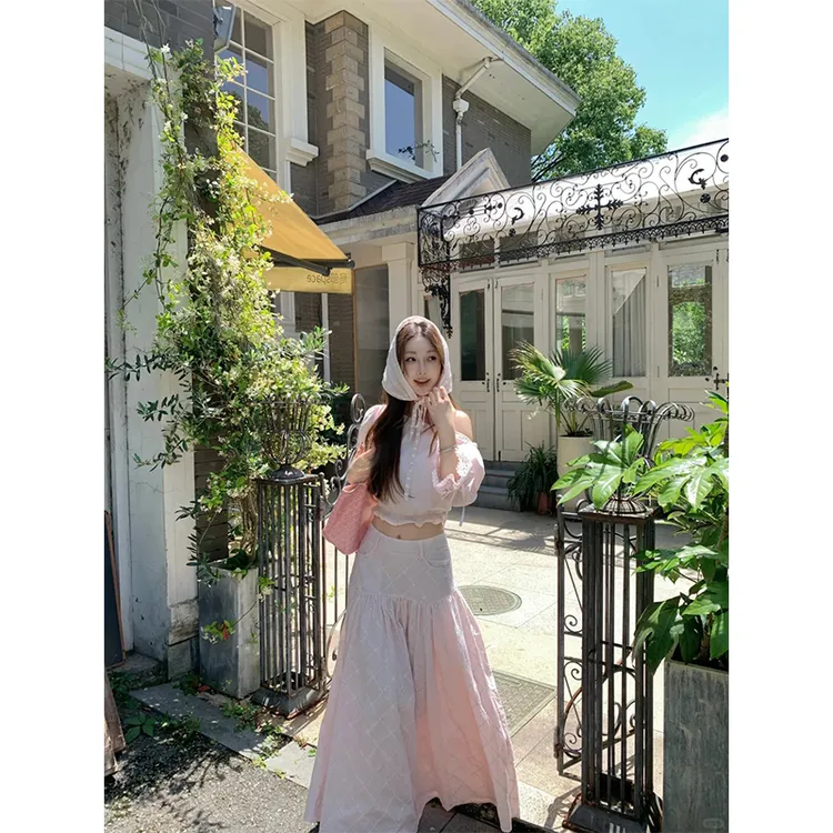 粉色甜美一字肩纯欲风时尚气质设计感蕾丝上衣百搭显瘦绝美半身裙