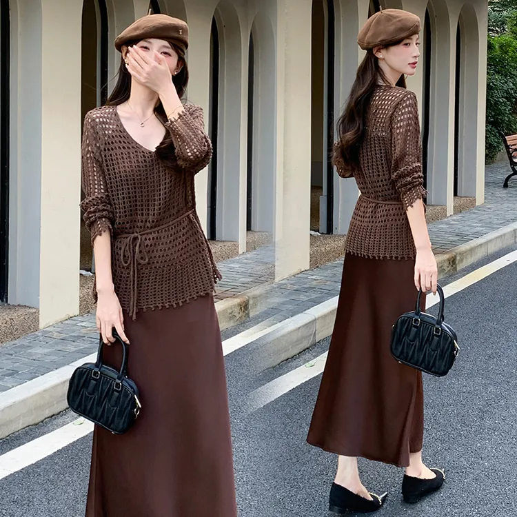 镂空针织罩衫套装裙女2025秋季新款复古港风时尚吊带连衣裙两件套