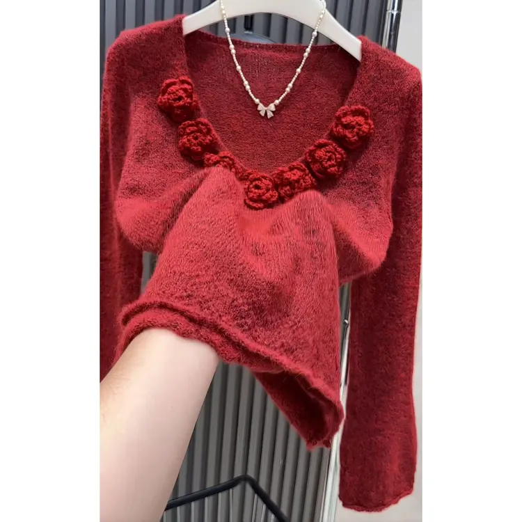 今年流行穿搭2025秋冬新款温柔风立体花朵设计长袖毛衣针织衫上衣