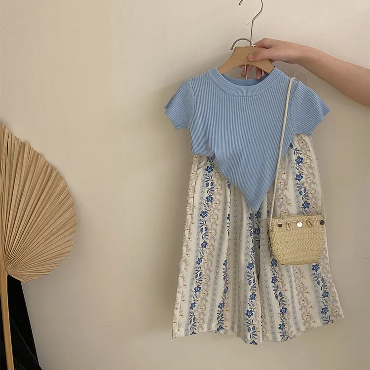 【安安家】女童夏季新款纯色T恤花朵条纹休闲阔腿裤两件套潮R25328