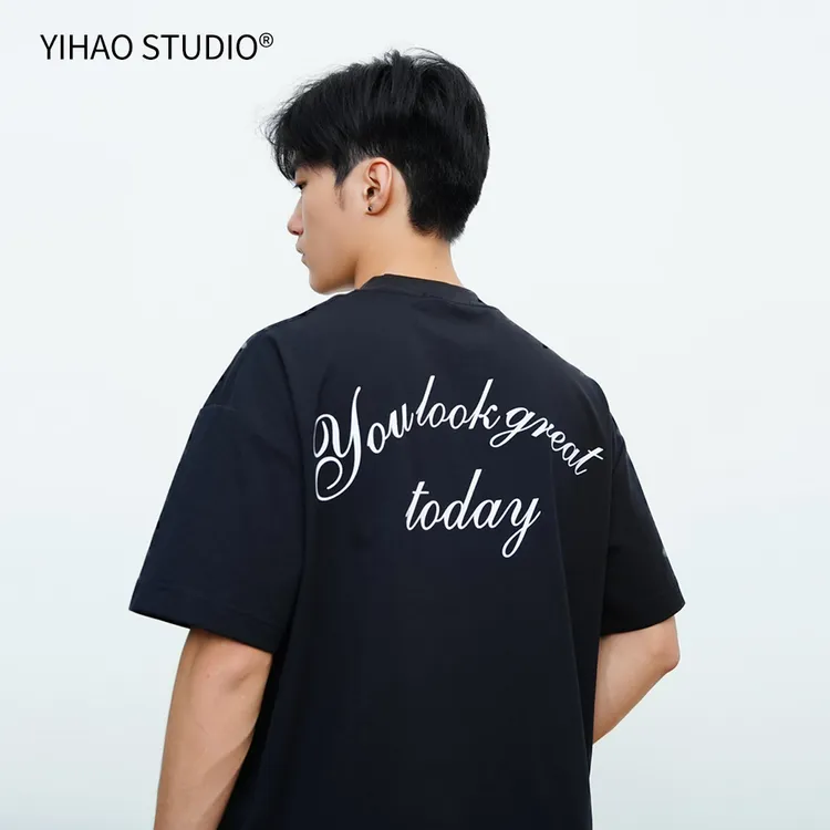 YIHAO STUDIO夏季男款英文印花短袖T恤休闲百搭宽松圆领半袖