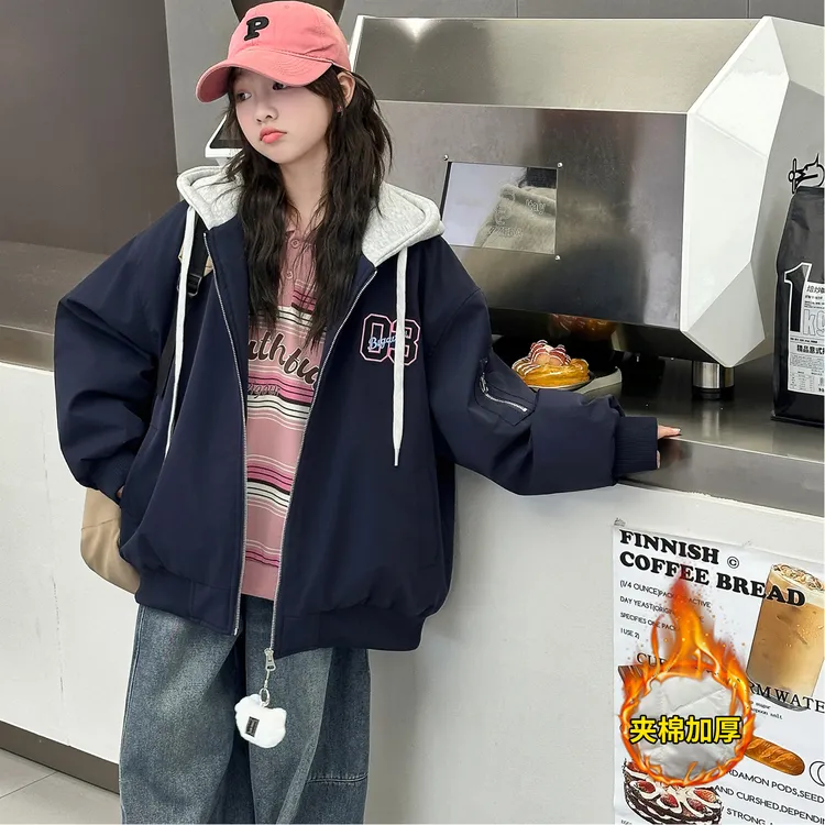 女大童夹棉外套加厚棉服青少年初高中生连帽夹克冬装棉袄保暖棉衣