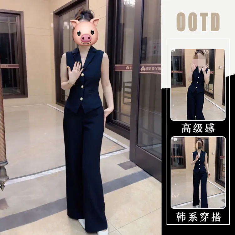 2025薄款夏季轻职风通勤时尚西装领无袖上衣女阔腿休闲裤两件套潮