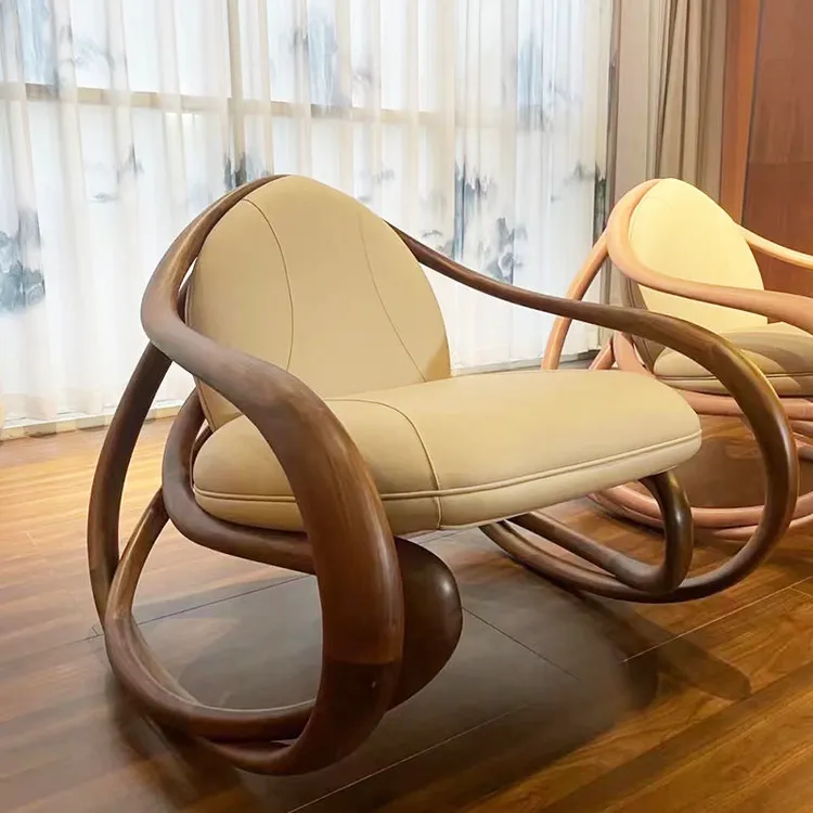 Giorgetti设计师move摇摇椅实木阳台家用客厅休闲纳帕真皮沙发椅