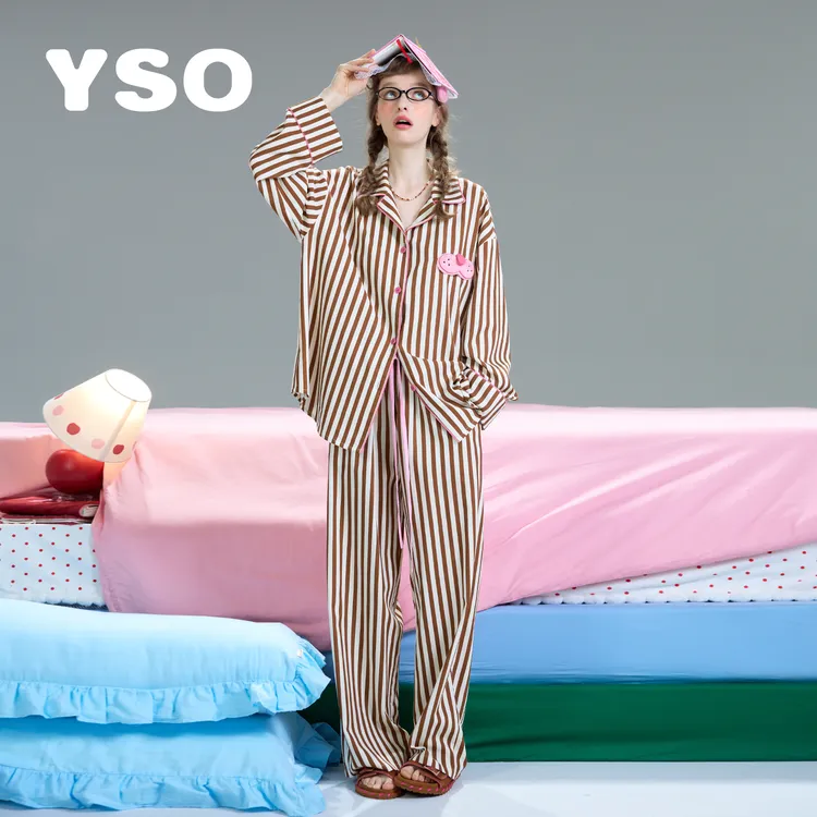 【琥珀流光】酷猫系列秋条纹衬衫女睡衣秋冬长袖长裤简约家居服套装