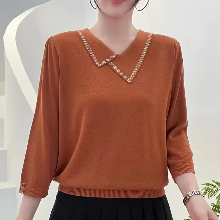 3910秋季新款洋气不规则领烫钻七分袖兰精天丝妈妈装上衣百搭减龄