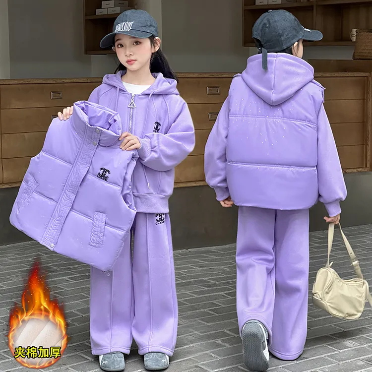 女童套装秋冬装新款加绒加厚韩版时髦洋气棉马甲卫衣卫裤三件套潮