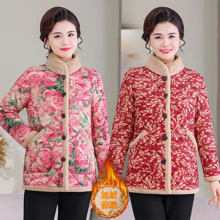 时尚妈妈装加绒外套立领厚款花朵碎花棉衣中老年冬装冬季女棉服