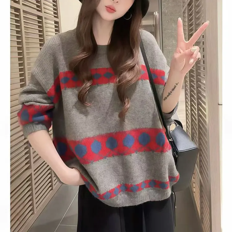 慵懒风氛围感套头针织衫女秋冬2025新款宽松撞色菱格长袖毛衣上衣