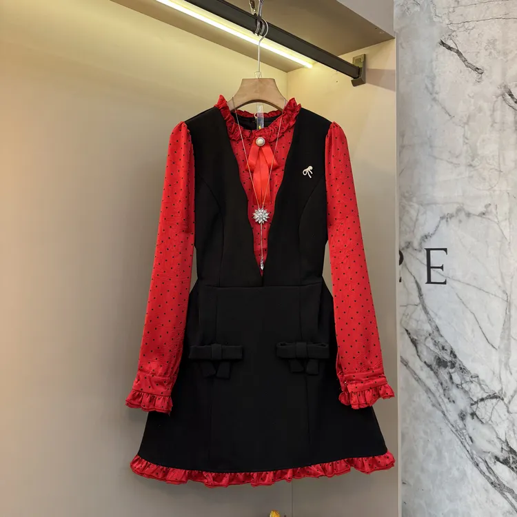 新款法式时尚重工高品质胖妹妹拼接假俩件设计感显瘦连衣裙7029