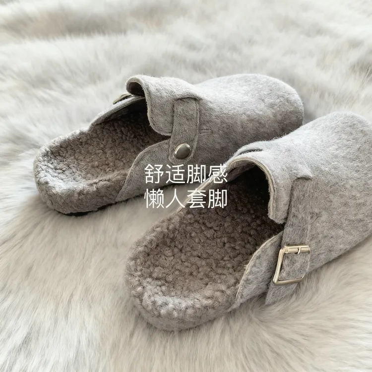 安哥拉云灰~INS同款灰呢子加绒勃肯鞋女秋冬2024新款高级慵懒