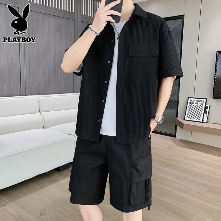 花花公子夏季短袖衬衫套装男士潮牌休闲男装衬衣搭配工装短裤一套