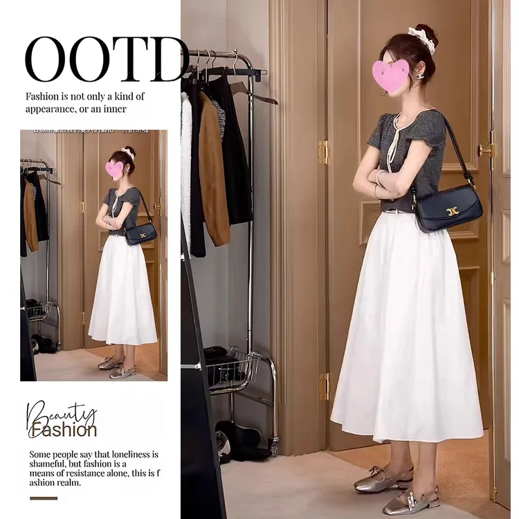 韩系高腰a字温柔风时尚白色半身裙女法式温柔甜美风针织衫两件套