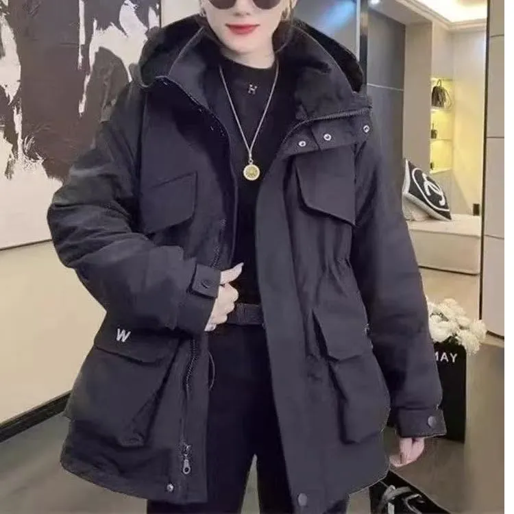 9963-大码女装收腰工装款大码时尚夹棉冲锋衣外套