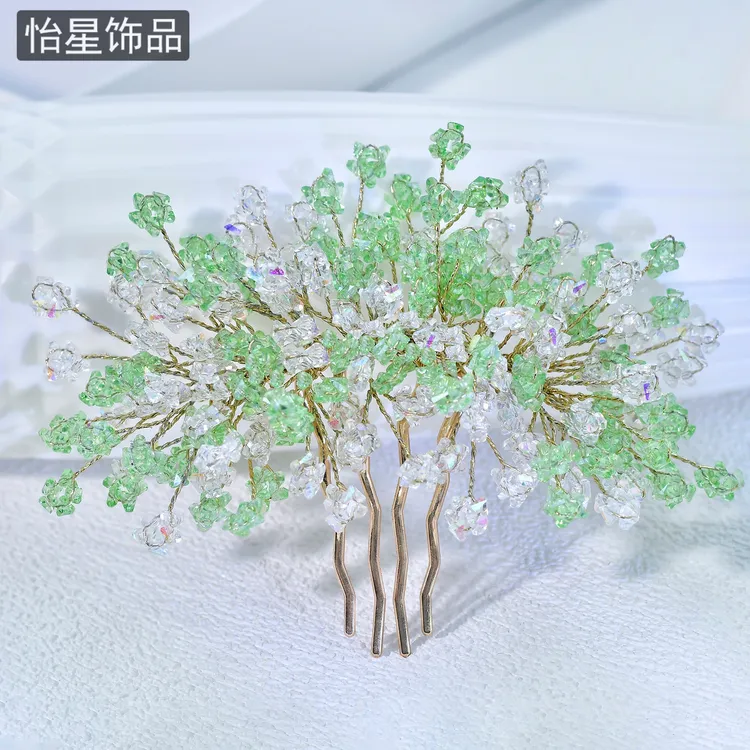 怡星森系清新绿色满天星水晶发梳复古风发簪高级感洋气发插A412