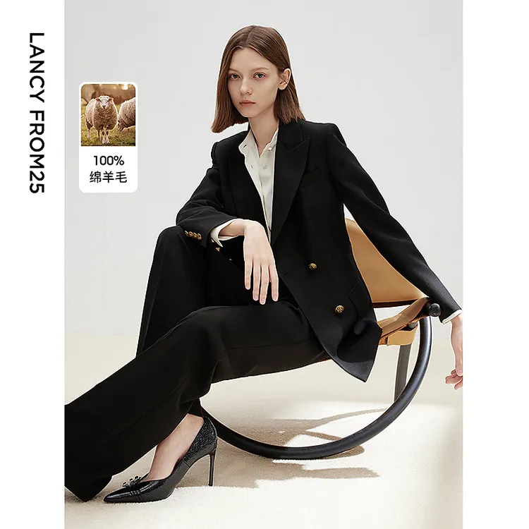 朗姿纯羊毛高级感修身黑色职业正装气质西服外套2025春新款西装女