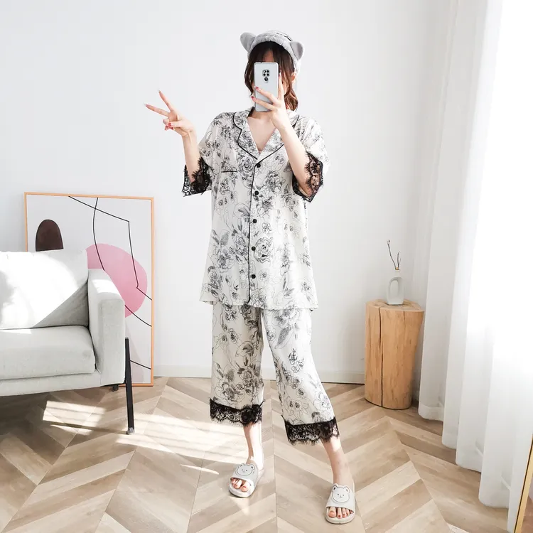 冰丝睡衣女大码200斤夏季薄款短袖七分裤套装冰丝蕾丝家居服胖mm