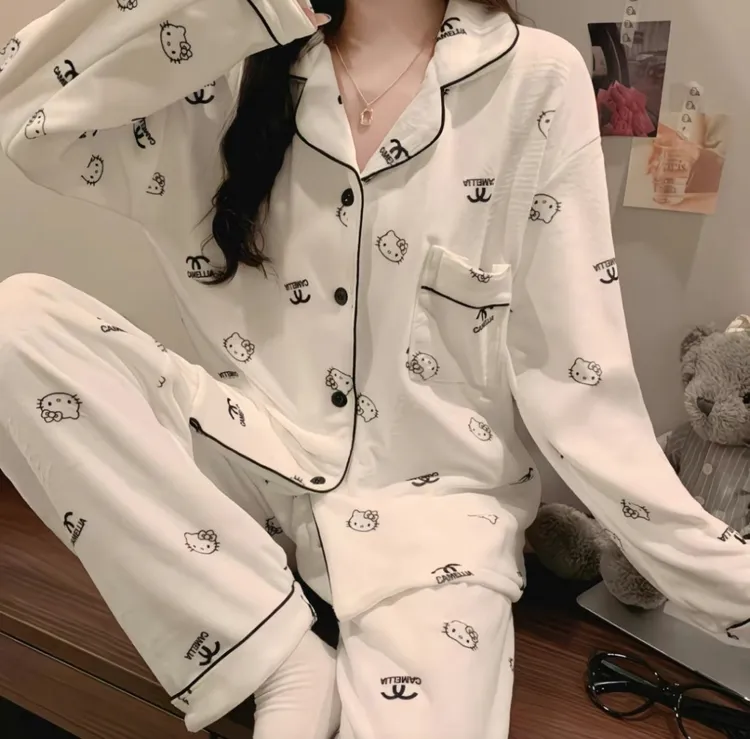 德容女士新款春秋冬睡衣套装家居服日系可爱风加厚卡通