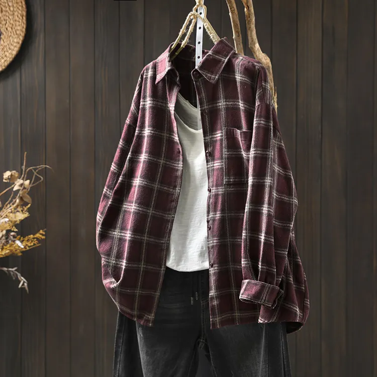 纯棉磨毛格子衬衫外套女长袖宽松大码厚实2025秋季新复古休闲开衫