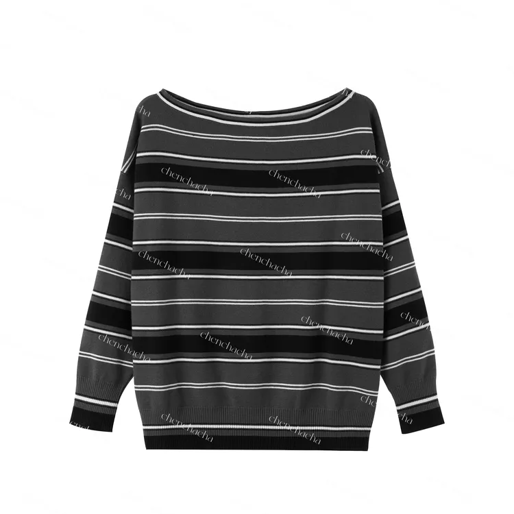 【陈茶茶】新式韩版一字领宽松黑白条纹休闲时尚斜肩长袖