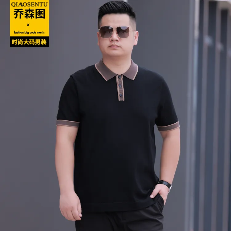 春秋季男士胖子肥佬休闲针织衫加肥加大码宽松短袖翻领POLO衫毛衣