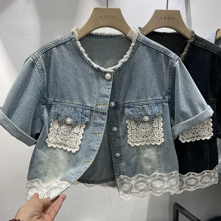 重工蕾丝拼接设计感牛仔短袖外套女2025夏季小个子圆领洋气上衣潮