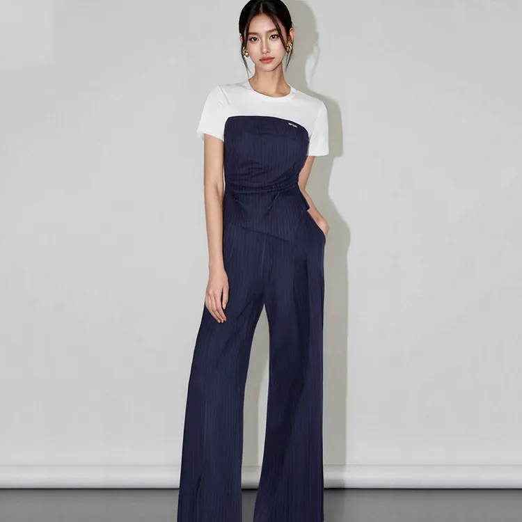 百搭显瘦设计感条纹上衣高腰显瘦休闲裤两件套女夏季新款时尚套装