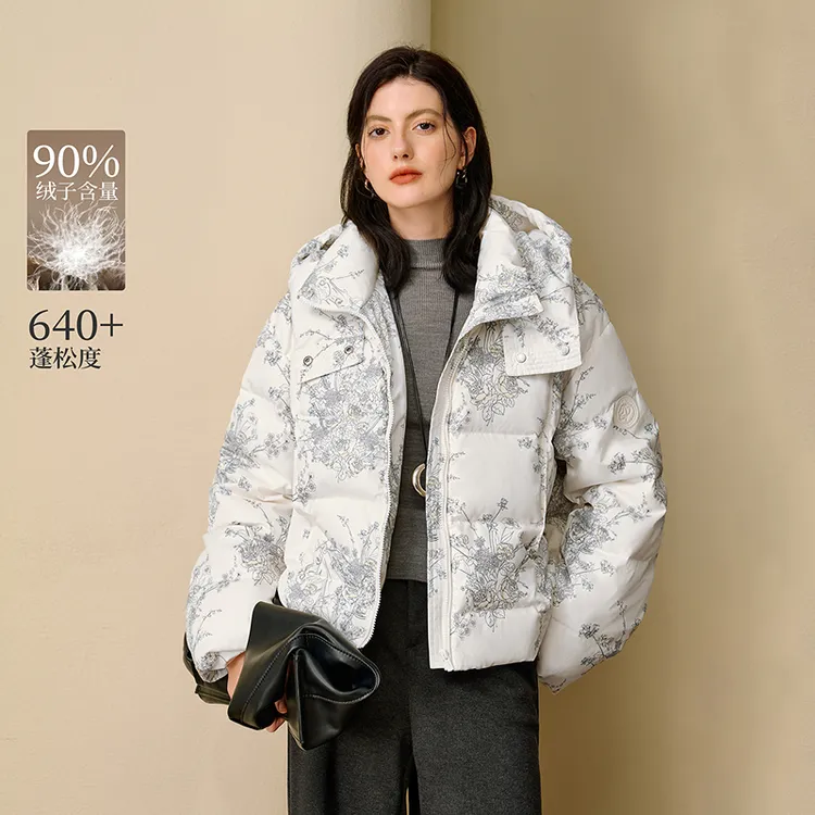 【商场同款】茵曼25冬季老风印花连帽时尚宽松外套