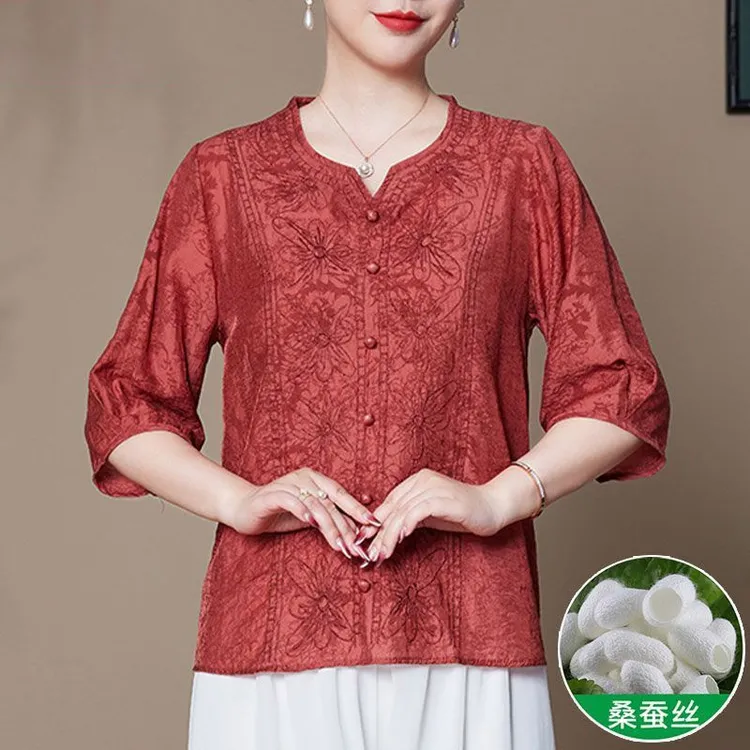 王小鸭2025夏季新款五分袖上衣女气质复古中国风中老年轻薄小衫