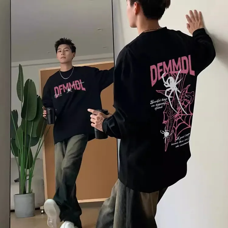 秋季重磅纯棉黑色背面蜘蛛印花男款长袖T恤oversize痞帅圆领上衣
