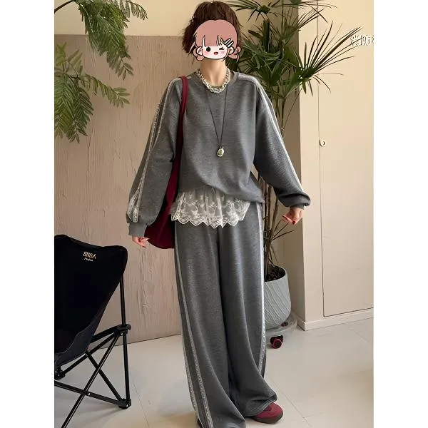 2025开春休闲风蕾丝下摆拼接卫衣休闲时尚百搭两件套宽松针织洋气