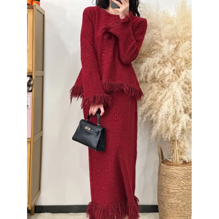 富家千金风蓝色流苏亮片针织毛衣半裙套装巨好看的冬装韩系一整套