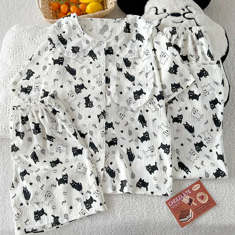 夏季短袖睡衣薄款长裤睡衣居家服套装短裤印花三件套卡通休闲风