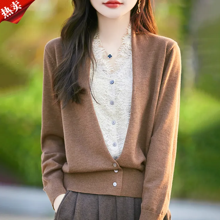 哥弟阿玛施正品蕾丝贵妃领针织衫百搭秋季时尚女装假两件开衫上衣