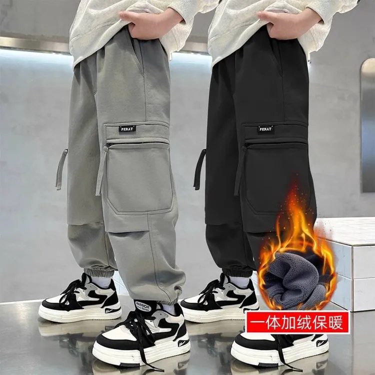 男大童秋冬加绒裤子儿童洋气加厚工装长裤中大童宽松直筒休闲长裤