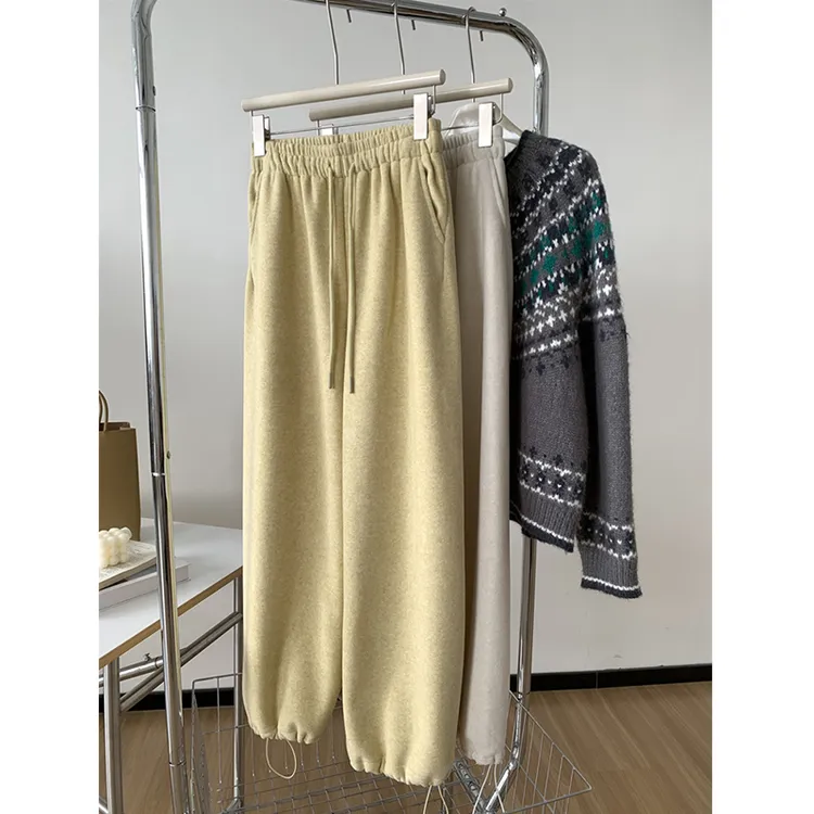 胖MM200斤大码软糯毛巾阔腿裤女秋冬慵懒休闲直筒束脚两穿拖地裤