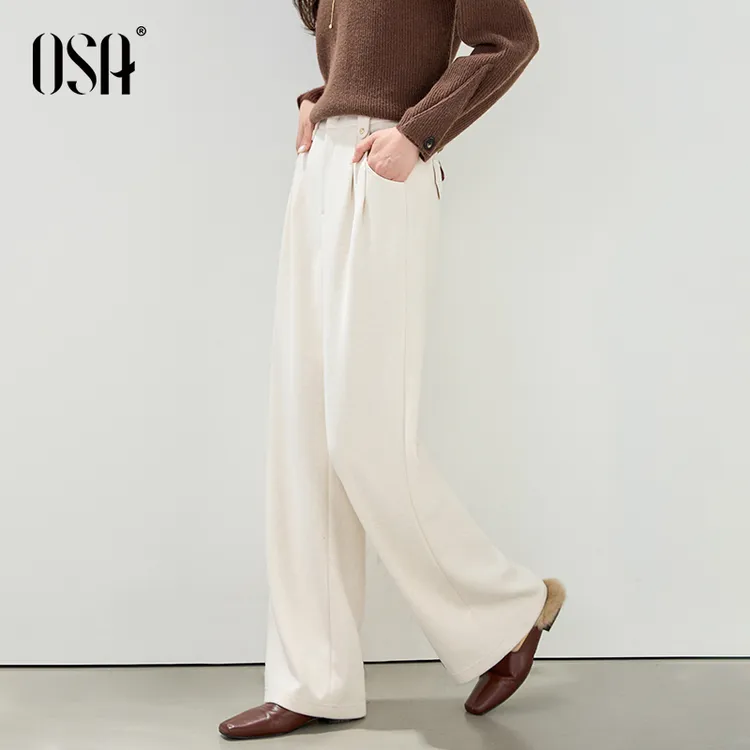 OSA/欧莎 米白色直筒休闲裤女高腰垂感阔腿西装糯米裤S125C52011