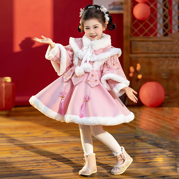 拜年服女童冬季女宝周岁唐装新款汉服旗袍裙加绒儿童过年喜庆衣服