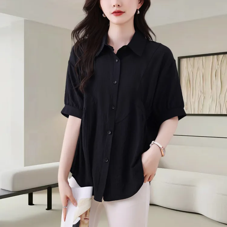 衬衫2025夏季新款POLO领设计感宽松休闲大码黑色短袖女上衣