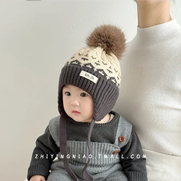 婴儿帽子秋冬季针织帽韩系加厚百搭护耳帽小月龄宝宝男童毛线帽子