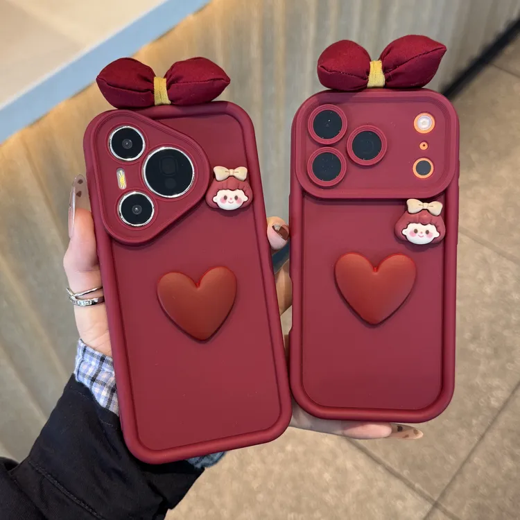 酒红爱心女孩蝴蝶结适用iphone17高竹手机壳华为vivo小米17oppo套