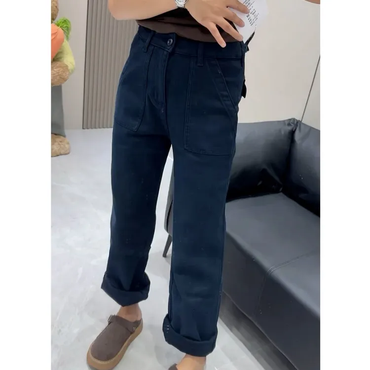 藏青色工装兜窄版直筒裤女2025年早秋新款百搭高腰显瘦显高九分裤