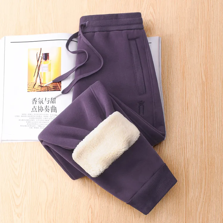 洋气紫色加绒加厚羊羔绒运动卫裤女秋冬高腰大码萝卜休闲束脚裤